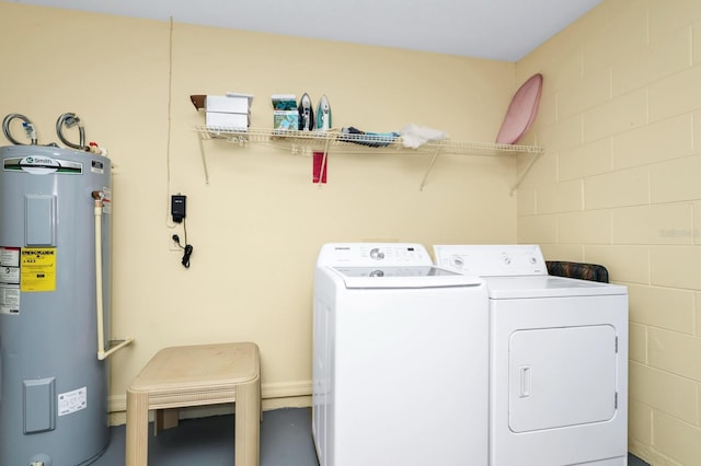 1520 Gulf Vue Dr, Haines City, FL 33844 - laundry area featuring electric water heater, washer and dryer, and concrete block wall