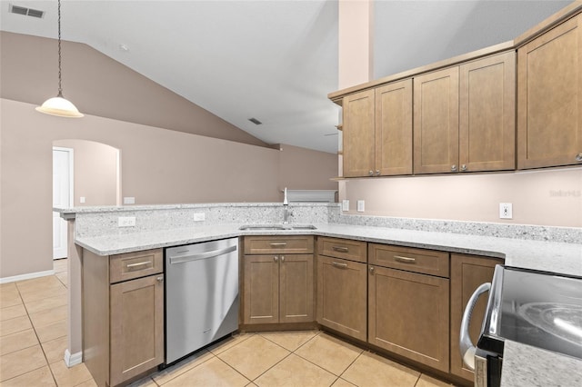 3245 Kings Ridge Ter, Deltona, FL 32725 - kitchen featuring stainless steel dishwasher, electric range, a peninsula, vaulted ceiling, and light tile patterned flooring