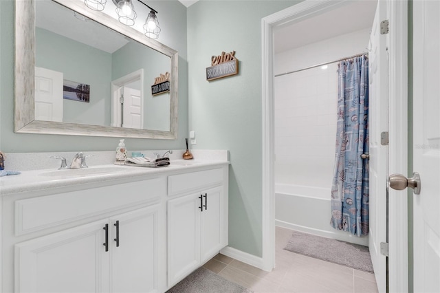 9370 Westmorely St, Groveland, FL 34736 - bathroom with vanity, shower / bathtub combination with curtain, and tile patterned flooring