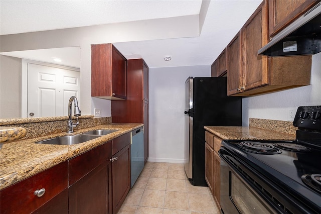 5140 Conroy Rd Unit 16, Orlando, FL 32811 - kitchen with black / electric stove, exhaust hood, light stone countertops, light tile patterned floors, and stainless steel dishwasher
