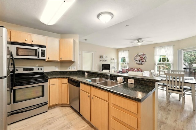 2025 Erving Cir Unit 203, Ocoee, FL 34761 - kitchen featuring stainless steel appliances, a peninsula, light brown cabinetry, light wood finished floors, and plenty of natural light