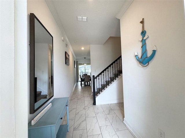 4192 Paragraph Dr, Kissimmee, FL 34746 - foyer entrance featuring stairway, light marble finish floors, crown molding, and recessed lighting