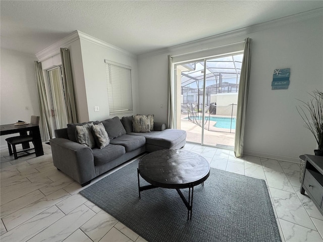 4192 Paragraph Dr, Kissimmee, FL 34746 - living room featuring light marble finish flooring and ornamental molding