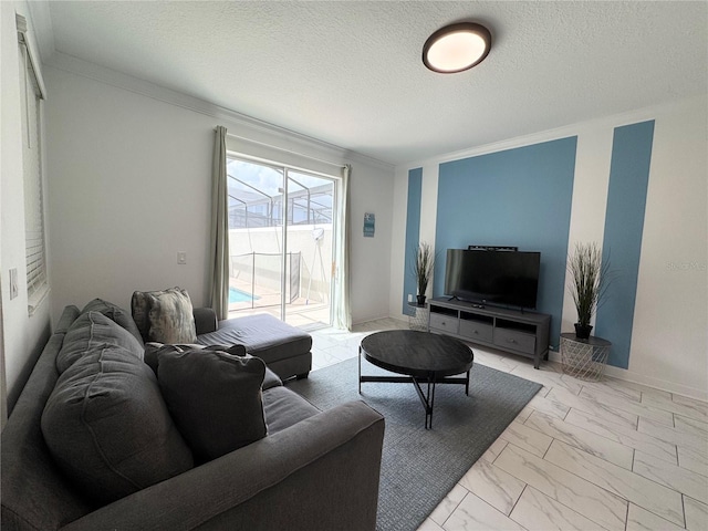 4192 Paragraph Dr, Kissimmee, FL 34746 - living area featuring marble finish floors, ornamental molding, and a textured ceiling