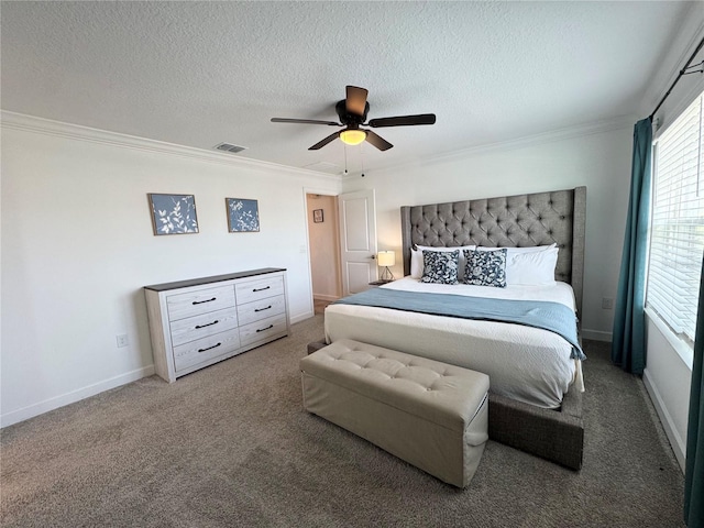 4192 Paragraph Dr, Kissimmee, FL 34746 - bedroom with crown molding, a textured ceiling, carpet floors, and a ceiling fan