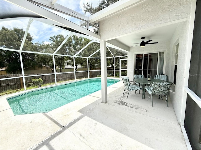 9803 Terrace Trail Ln, Temple Terrace, FL 33637 - view of pool featuring a fenced backyard, a patio area, a ceiling fan, and a lanai