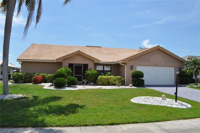 721 Elkhorn Rd, Sun City Center, FL 33573 - ranch-style house featuring a garage, a tiled roof, stucco siding, and a front yard