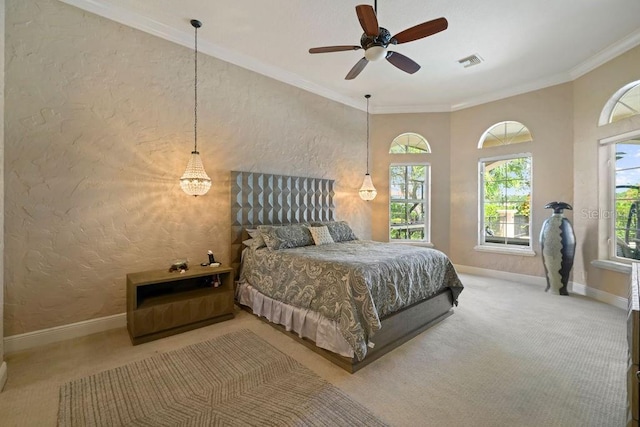 11209 Macaw Ct, Windermere, FL 34786 - carpeted bedroom featuring multiple windows, a textured wall, ornamental molding, and a ceiling fan