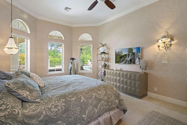 11209 Macaw Ct, Windermere, FL 34786 - bedroom with carpet floors, crown molding, a textured wall, and a ceiling fan