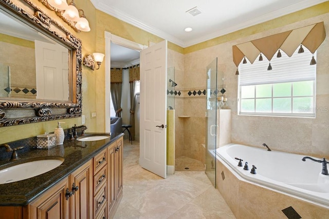 11209 Macaw Ct, Windermere, FL 34786 - bathroom with a bath, a shower stall, double vanity, and crown molding