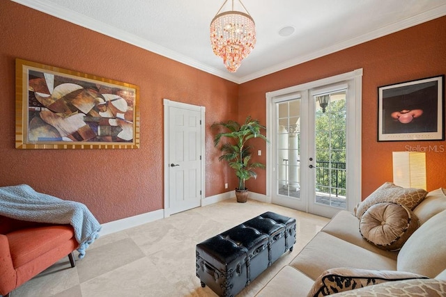 11209 Macaw Ct, Windermere, FL 34786 - tiled living room featuring a chandelier, crown molding, and a textured wall
