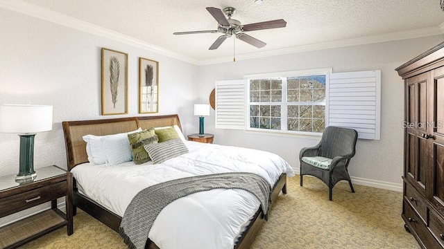7650 Whisper Way Unit 304, Reunion, FL 34747 - bedroom with crown molding, ceiling fan, a textured ceiling, and light colored carpet