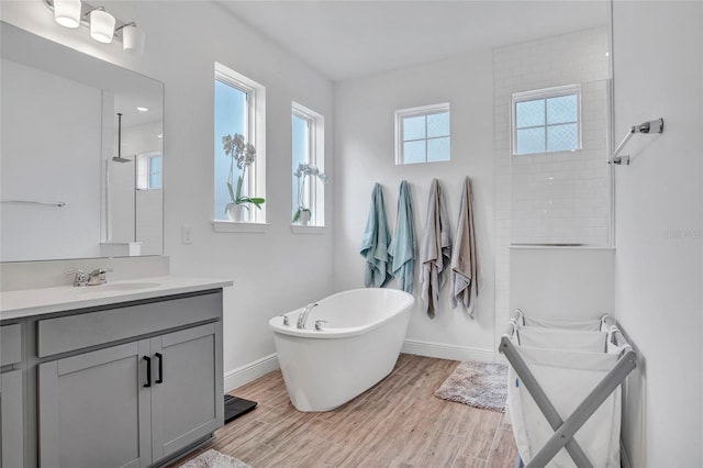 4477 Renly Ln, Clermont, FL 34711 - full bath featuring vanity, a freestanding bath, wood finished floors, and a shower