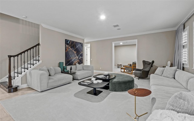 12023 Gold Creek Trl, Windermere, FL 34786 - living area featuring stairs, crown molding, and recessed lighting