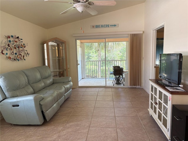 26735 Little John Ct Unit 27, Bonita Springs, FL 34135 - tiled living room featuring vaulted ceiling and a ceiling fan