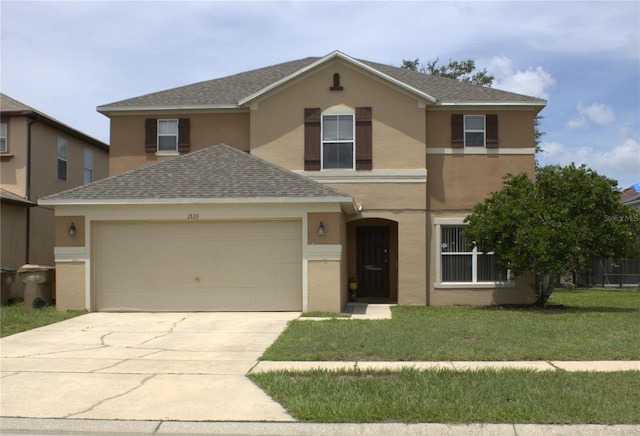 1533 Blue Sky Way, Clermont, FL 34714 - traditional-style house with a shingled roof, stucco siding, an attached garage, a front lawn, and driveway