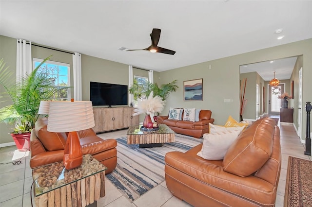 6926 Cucamelon Ct, Windermere, FL 34786 - living area featuring ceiling fan, light tile patterned floors, recessed lighting, and a chandelier