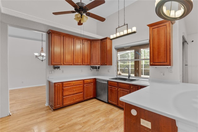 10642 Masters Dr, Clermont, FL 34711 - kitchen with light countertops, ceiling fan, dishwasher, and light wood-type flooring