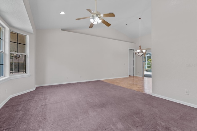 10642 Masters Dr, Clermont, FL 34711 - carpeted empty room featuring lofted ceiling, ceiling fan, a chandelier, and recessed lighting