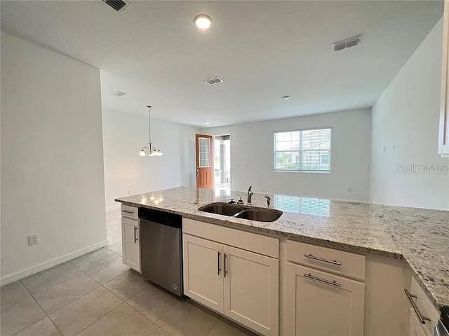 2343 Garden Belle Dr, Clermont, FL 34711 - kitchen with dishwasher, white cabinetry, light stone counters, decorative light fixtures, and recessed lighting