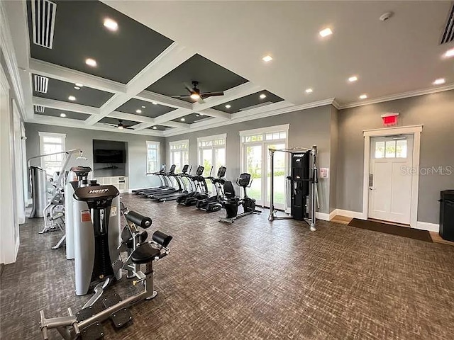 2343 Garden Belle Dr, Clermont, FL 34711 - workout area featuring ceiling fan, healthy amount of natural light, beam ceiling, carpet, and crown molding