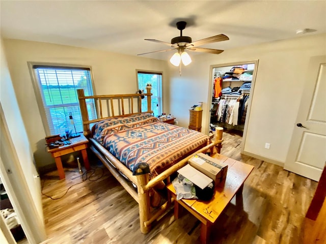 bedroom featuring a closet, light hardwood / wood-style floors, ceiling fan, and a walk in closet