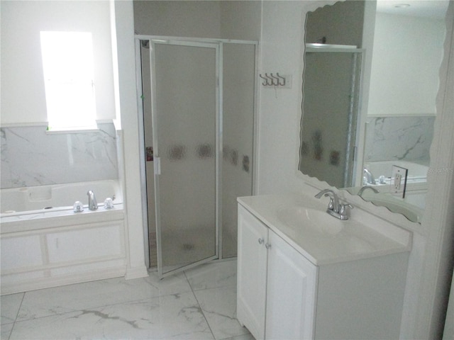 bathroom with vanity, plus walk in shower, and tile flooring