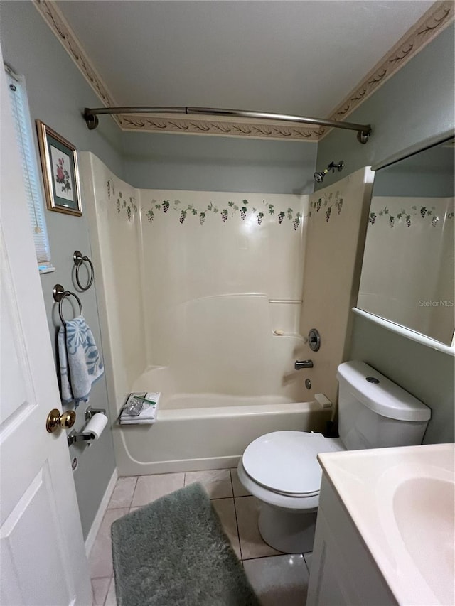 full bathroom featuring tile patterned flooring, bathing tub / shower combination, vanity, and toilet