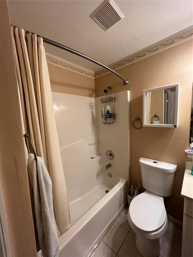 full bathroom with vanity, toilet, tile patterned flooring, and shower / bath combo with shower curtain