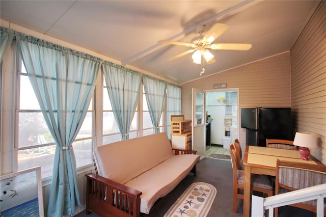 interior space featuring ceiling fan and lofted ceiling