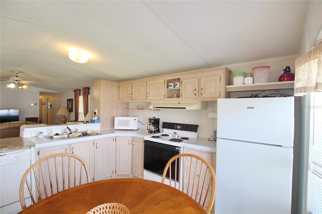 kitchen with ceiling fan, white appliances, and sink