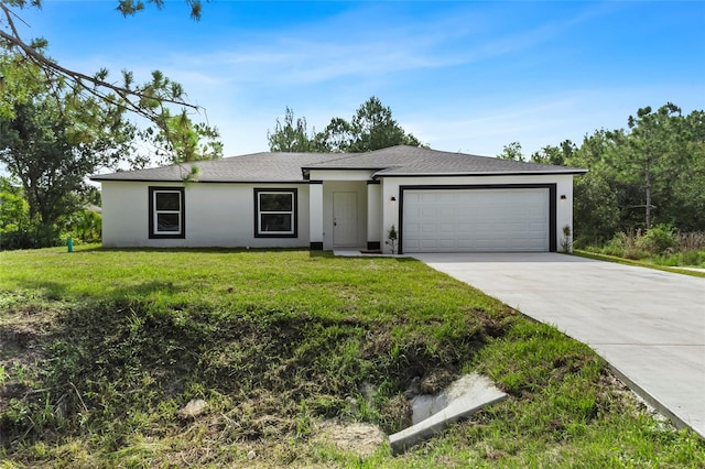 ranch-style home featuring a garage and a front lawn