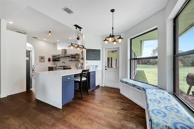 kitchen featuring backsplash, dark hardwood / wood-style flooring, pendant lighting, blue cabinetry, and a textured ceiling