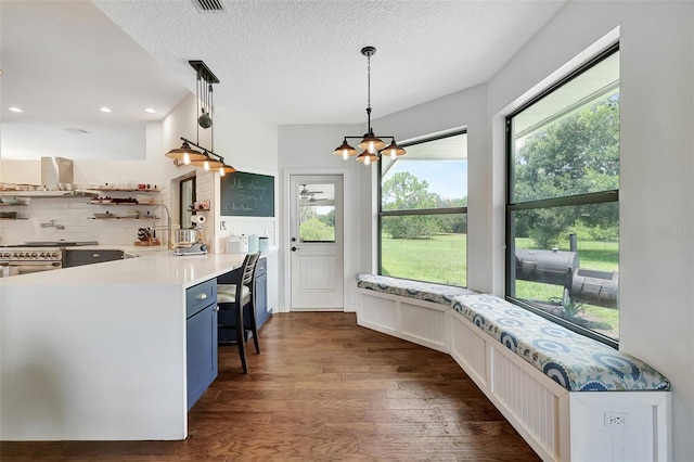 kitchen with a healthy amount of sunlight, hanging light fixtures, dark hardwood / wood-style floors, and extractor fan