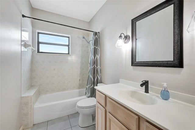 full bathroom with shower / bathtub combination with curtain, tile patterned flooring, vanity, and toilet