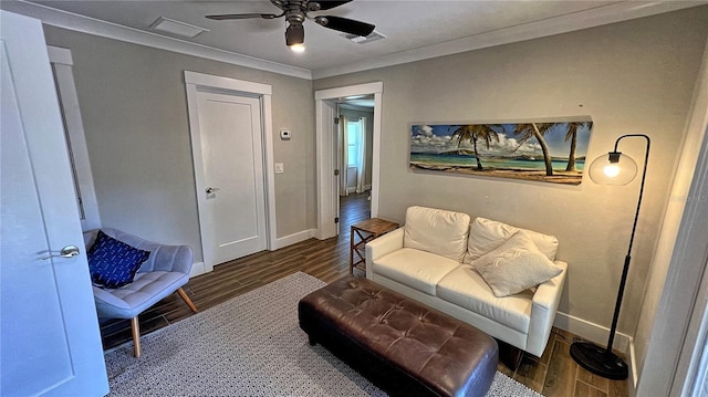 245 Lake Seminary Cir, Maitland, FL 32751 - living area featuring visible vents, crown molding, baseboards, wood finished floors, and a ceiling fan