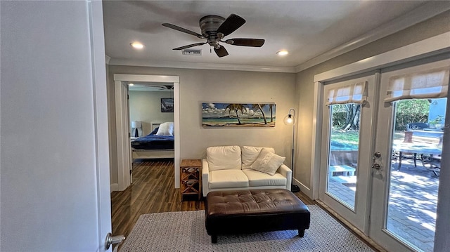245 Lake Seminary Cir, Maitland, FL 32751 - living area featuring a ceiling fan, wood finished floors, visible vents, french doors, and crown molding