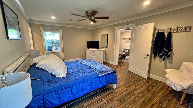 245 Lake Seminary Cir, Maitland, FL 32751 - bedroom with crown molding, ceiling fan, baseboards, wood tiled floor, and recessed lighting