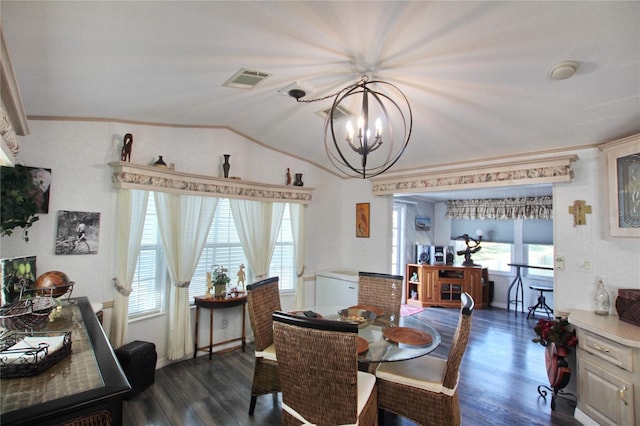 dining area featuring a healthy amount of sunlight, visible vents, ornamental molding, and dark wood-type flooring