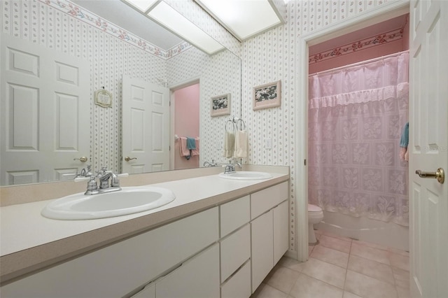 full bathroom with tile patterned flooring, vanity, toilet, and shower / tub combo with curtain