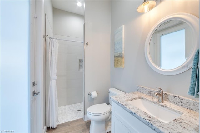 bathroom featuring vanity, toilet, a shower with shower curtain, and wood-type flooring