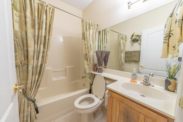 full bathroom with vanity, toilet, shower / bath combination with curtain, and tile patterned flooring