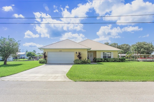 ranch-style home with a garage and a front lawn