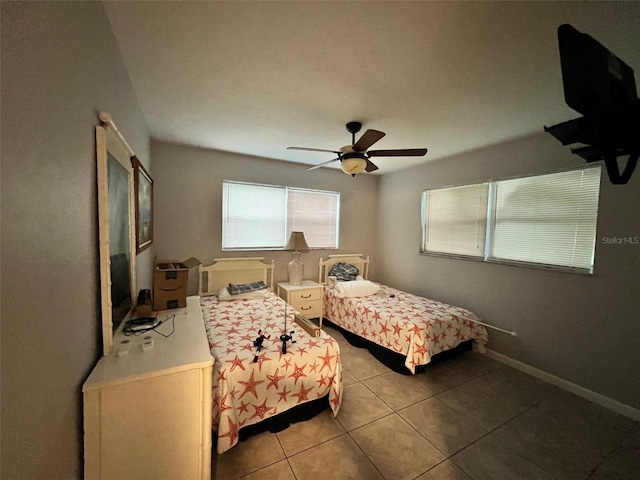 bedroom featuring ceiling fan and tile patterned flooring