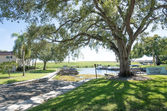 view of community featuring a water view and a lawn