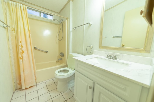 full bathroom with tile patterned floors, shower / bath combination with curtain, a textured ceiling, toilet, and vanity