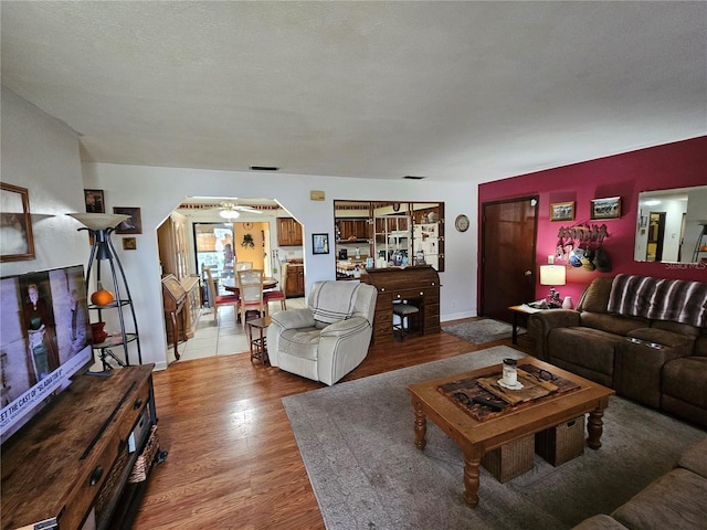 living room featuring hardwood / wood-style floors and a textured ceiling