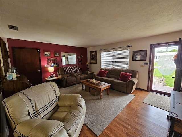 living room with a textured ceiling and hardwood / wood-style flooring