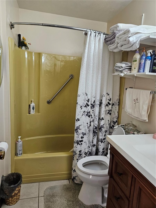 full bathroom with tile patterned flooring, shower / bath combo, toilet, and vanity