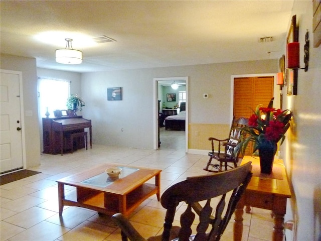 living room featuring light tile patterned floors